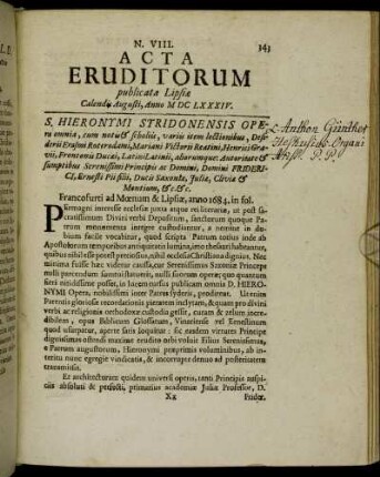 N. VIII. [...] Calendis Augusti, Anno M DC LXXXIV.