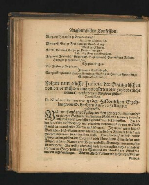 Folgen nun etliche Iudicia der Evangelischen von der vermehrten und verbesserten oder ... veränderten Augspurgischen Confession.