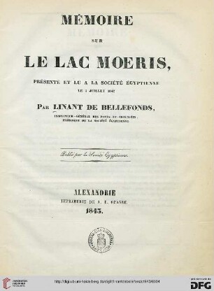 Mémoire sur le lac Moeris : présenté et lu a la Société Égyptienne, le 5 juillet 1842