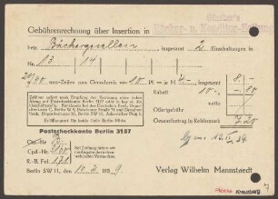 Mitteilungskarte Verlag "Wilhelm Mannstaedt", Schöneberger Straße 9-10
