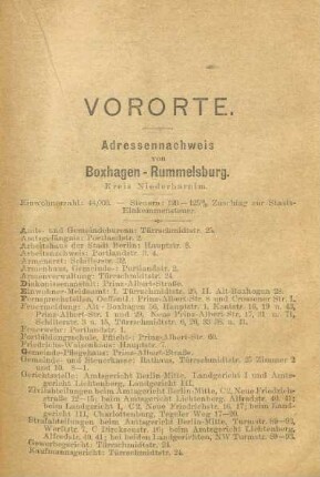Vororte. Adressennachweis