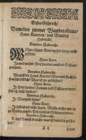 Erstes Gesprech/ Bemelter zweyer Wandersleute/ Hans Knorren/ und Benedict Haberecht.