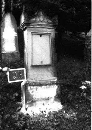 Grabstein 23 (Index: 100100911) Material: Sandstein Zustand: Schrifttafel fehlt, Sockel verwittert Maße HxBxT: 144x47x19 cm Beschreibung: Stele, Sockel, Giebel mit Akroteren, eingetieftes Schriftfeld rechteckig Symbolik: Palmetten und Blattwerk im Giebel: Grabstein 23