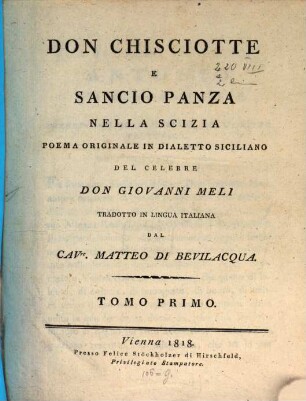 Don Chisciotte e Sanzio Panza nella Sicilia : Poema originale in Dialetto Siciliano. 1