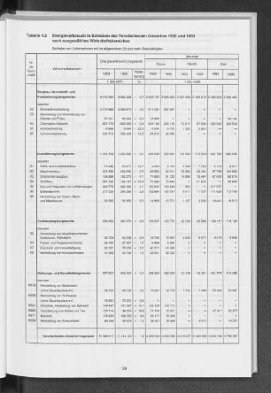 Tabelle 4.2 Energieverbrauch in Betrieben des Verarbeitenden Gewerbes 1992 und 1993 nach ausgewählten Wirtschaftsbereichen