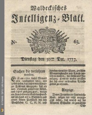 No. 63. Dienstag den 30ten Dec. 1777