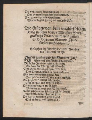 Die Historie von dem unglückseligen Krieg zwischen hertzog Albrechten Marggraffen zu Brandenburg/ und unserm G. H. Hertzogen Mauritio Chürfürsten zu Sachsen etc.