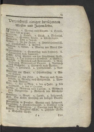 Verzeichniß einiger berühmten Messen und Jahrmärkte.