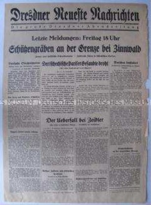 Abendausgabe (Nachrichtenblatt) der "Dresdner Neueste Nachrichten" über die Verteidigungsmaßnahmen der Tschechoslowakischen Armee angesichts der drohenden Invasion