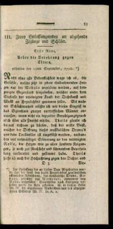 III. Zwey Entlassungsreden an abgehende Zöglinge und Schüler