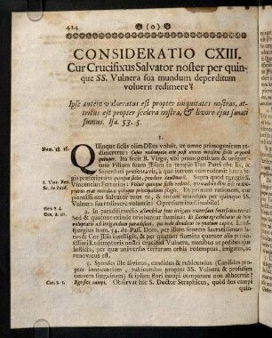 424-431, Consideratio CXIII. Cur Crucifixus Salvator noster per quinque SS. Vulnera sua mundum deperditum vouerit redimere? Consideratio CXIV. Devotus aspectus & contemplatio SS. 5.