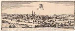 Panorama-Stadtansicht von Frankenberg (Sachsen) mit der Kirche St. Aegidien, Stadtwappen und Legende, aus Merians Topographia Superioris Saxoniae