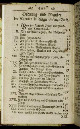 Ordnung und Register der Rubriken in diesem Gesang-Buch.