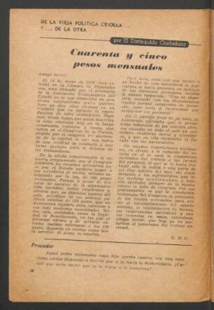 Cuarenta y cinco pesos mensuales : De la vieja política criolla y... de la otra