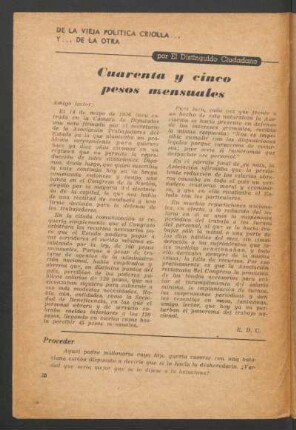 Cuarenta y cinco pesos mensuales : De la vieja política criolla y... de la otra