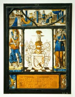 Wappenscheibe der Maria Regina Bül (Bühl) geb. Kress mit der Königin von Saba vor Salomon im Oberlicht und den Tugenden der Gerechtigkeit und des Glaubens an den Seiten
