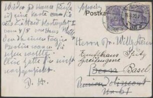 Bildpostkarte von Dora Hitz an Wilhelm Stein