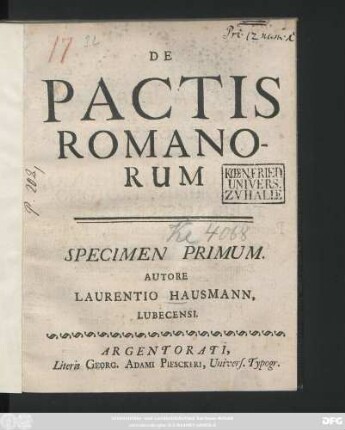 De Pactis Romanorum : Specimen Primum