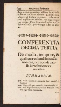 Conferentia Decima Tertia De modo, tempore, & qualitate recitandi horas Canonicas, nec non de causis à recitatione excusantibus