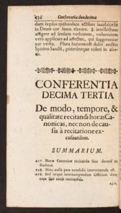 Conferentia Decima Tertia De modo, tempore, & qualitate recitandi horas Canonicas, nec non de causis à recitatione excusantibus