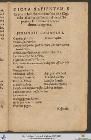 Dicta Sapientium E Gręcis Erasmo Roterodamo interprete