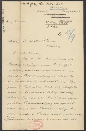 Brief an B. Schott's Söhne : 31.08.1905