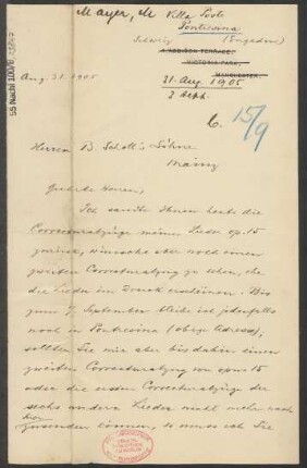 Brief an B. Schott's Söhne : 31.08.1905