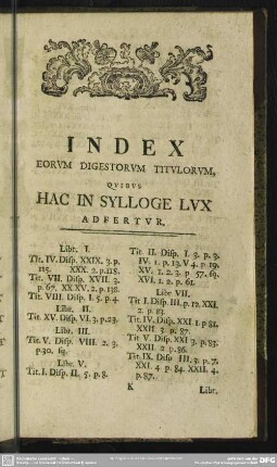 Index Eorum Digestorum Titulorum, Quibus Hac In Sylloge Lux Adfertur