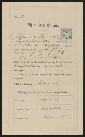 Material zu Hugo von Hofmannsthal: Maturazeugnis