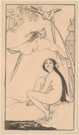 Illustration zu "Sakuntulla" (ein nacktes Mädchen sitzt unter einer großblättrigen Pflanze)