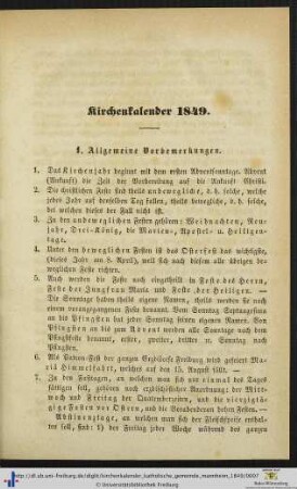 Kirchenkalender 1849.