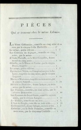 Pièces se trouvent chez le même Libraire.