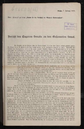 Bericht des Engeren Senats an den Gesammten Senat
