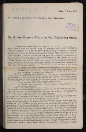 Bericht des Engeren Senats an den Gesammten Senat