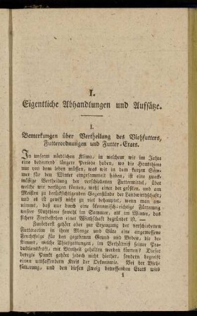 I. Bemerkungen über Vertheilung des Viehfutters, Futterordnungen und Futter-Etats