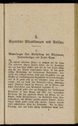 I. Bemerkungen über Vertheilung des Viehfutters, Futterordnungen und Futter-Etats