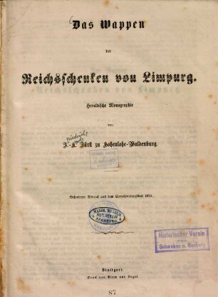 Das Wappen der Reichsschenken von Limpurg : Heraldische Monographie