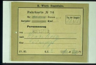 Fahrkarte der Kgl. Württ. Staatseisenbahn von Auenstein nach Leonberg