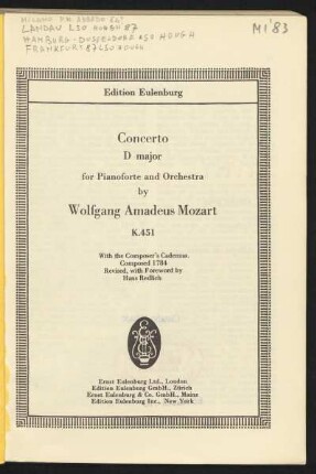 Concerto D major for pianoforte and orchestra : K. 451 : with the composer's cadenzas