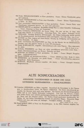 Alte Schmucksachen. Anhänger, Taschenuhren in Silber und Gold. Getriebene Silberarbeiten – Emailmalereien (Nr. 758-869)