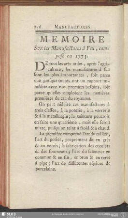 Memoire Sur les Manufactures à Feu, composé en 1775
