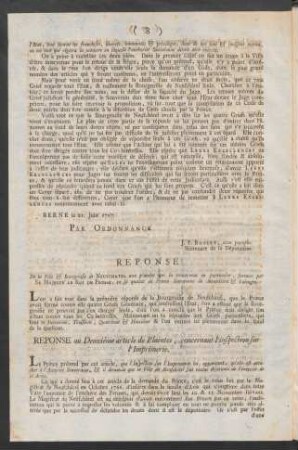 Reponse De la Ville & Bourgeoisie de Neufchatel aux plaintes qui la concernent en particulier, formées par Sa Majeste' Le Roi De Prusse, ...