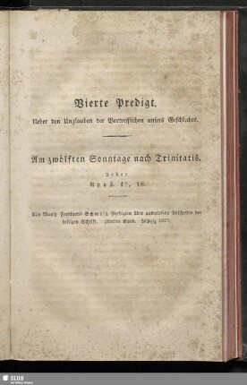 Vierte Predigt. Ueber den Unglauben der Vortrefflichen unsers Geschlechts
