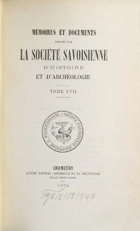 Mémoires et documents. 17. 1878