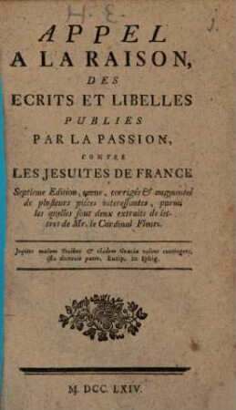 Appel à la raison des écrits et liblles publiés ... contre les Jésuites de France