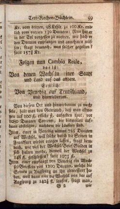 Folgen nun Cambio Reale, das ist: Von denen Wechseln einer Stadt und Land auf das andere. - Von Vergleichung und Vortheil der Wechsel.