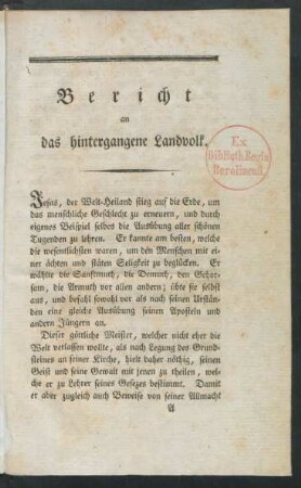 Bericht an das hintergangene Landvolk