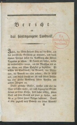 Bericht an das hintergangene Landvolk