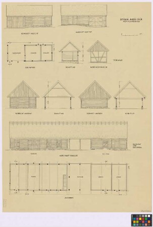 Zeysen (Landkreis Lyck): Dombrowski. - Torhaus (Süd-West-Seiten-Ansicht, Nord-Ost-Seiten-Ansicht, Grundriss, Querschnitt A-B, Nord-West-Giebel-Ansicht). - Scheune und Schuppen (Nord-Ost-Giebel-Ansicht, Querschnitt A-B, Süd-West-Giebel-Ansicht, Querschnitt C-D, Nord-West-Seiten-Ansicht, Grundriss)