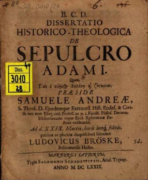 Dissertatio Historico-Theologica De Sepulcro Adami